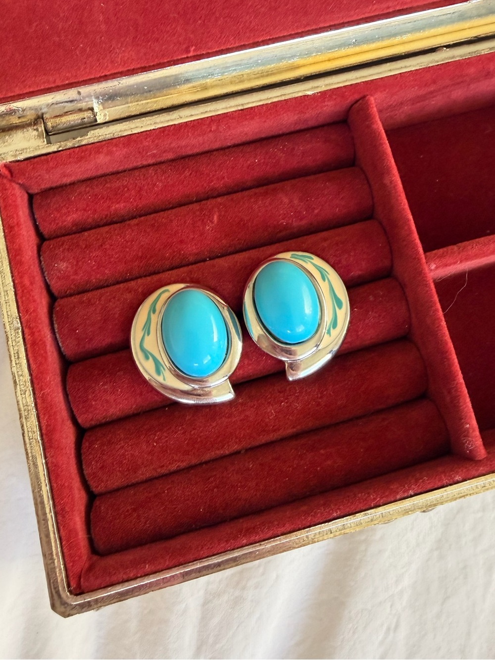 Vintage Turquoise Enamel Earrings in Blue & Silver